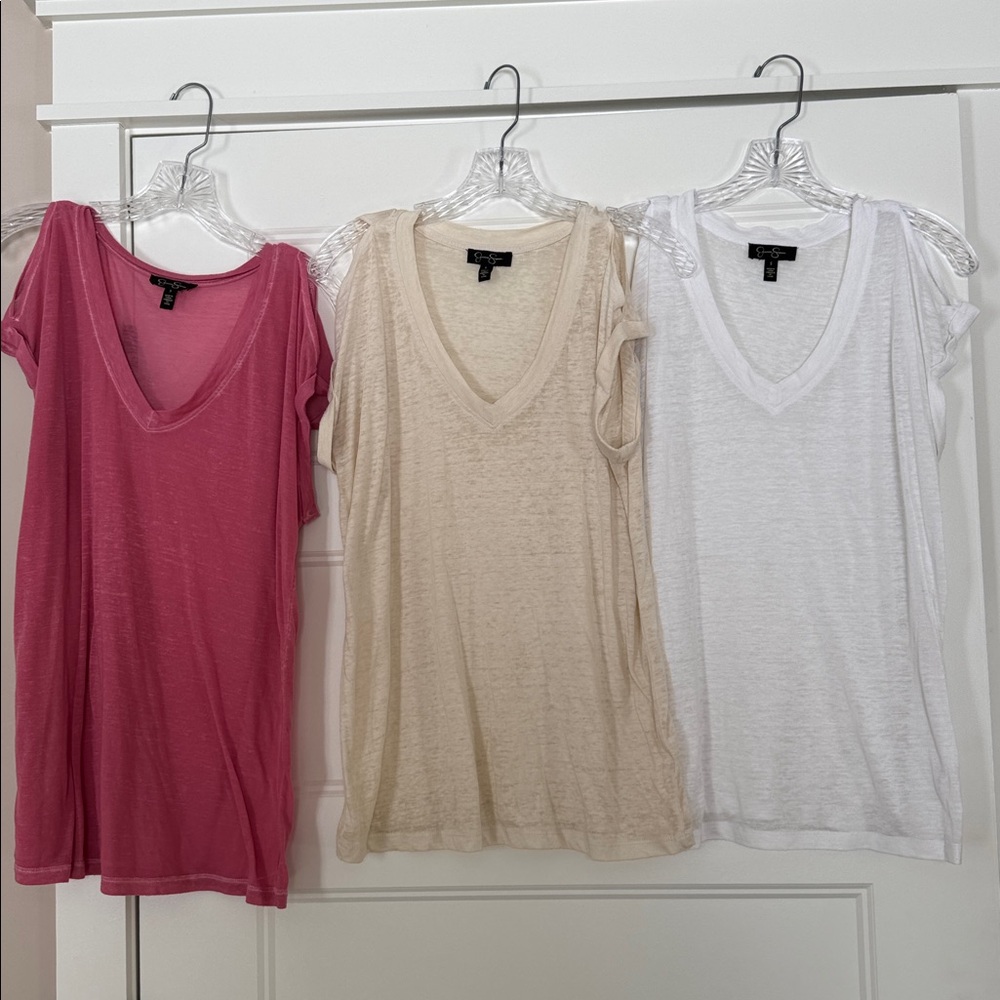 Jessica Simpson Amory Short Sleeve V-Neck Cold Shoulder Tops Pink/Cream/White